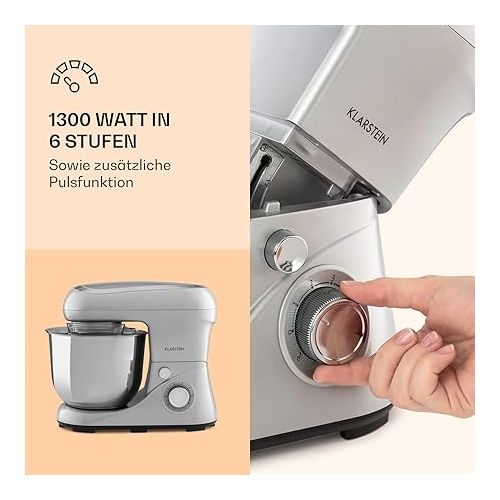  Klarstein Bella Food Processor - Kneading and Mixing Machine with 6 Speed Levels, Stainless Steel, Pulse Function, Planetary Mixing System, 3 Mixing Attachments, 1,300W, Silver