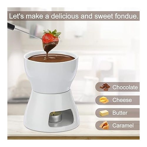  SUMNACON Keramike Chocolate Fondue Pot Set with 4 Forks, Chocolate Fondue Set, Cheese Fondue for Chocolate, Cheese, Fondue, Family Dinner, Dessert, Picnics, Birthday Parties, Holiday Parties, White