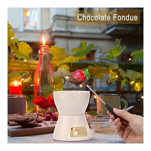  SUMNACON Keramike Chocolate Fondue Pot Set with 4 Forks, Chocolate Fondue Set, Cheese Fondue for Chocolate, Cheese, Fondue, Family Dinner, Dessert, Picnics, Birthday Parties, Holiday Parties, White