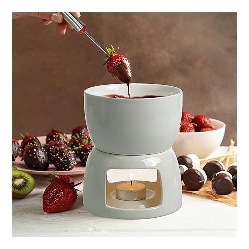  Oramics Porcelain Chocolate Fondue Set with 4 Fondue Forks - Simply Warm with Tea Light and Enjoy - Chocolate Fondue Tea Light Fondue Chocolate Fondant Occasion (Porcelain)