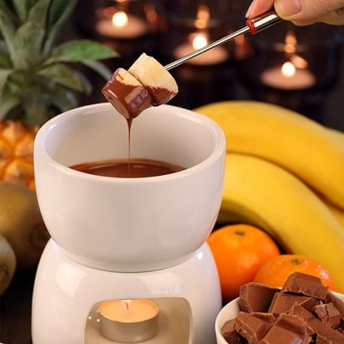  Oramics Porcelain Chocolate Fondue Set with 4 Fondue Forks - Simply Warm with Tea Light and Enjoy - Chocolate Fondue Tea Light Fondue Chocolate Fondant Occasion (Porcelain)