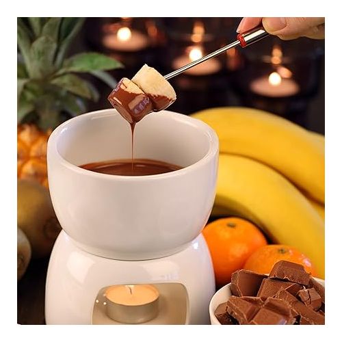  Oramics Porcelain Chocolate Fondue Set with 4 Fondue Forks - Simply Warm with Tea Light and Enjoy - Chocolate Fondue Tea Light Fondue Chocolate Fondant Occasion (Porcelain)