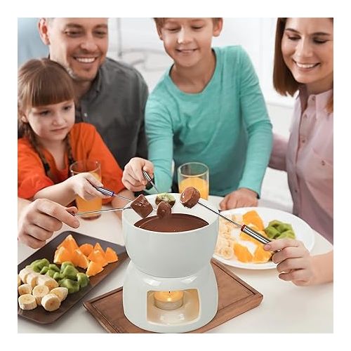  Oramics Porcelain Chocolate Fondue Set with 4 Fondue Forks - Simply Warm with Tea Light and Enjoy - Chocolate Fondue Tea Light Fondue Chocolate Fondant Occasion (Porcelain)