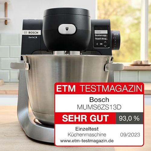  Bosch MUMS6ZS13D Series 6 Food Processor Automatic Programmes, Integrated 1 g Scale, 5.5 L Bowl, Continuous Shredder, Slices, Dough Hook/Whisk/Silicone Brush, Dishwasher-safe, 1,600 W, Silver/Black