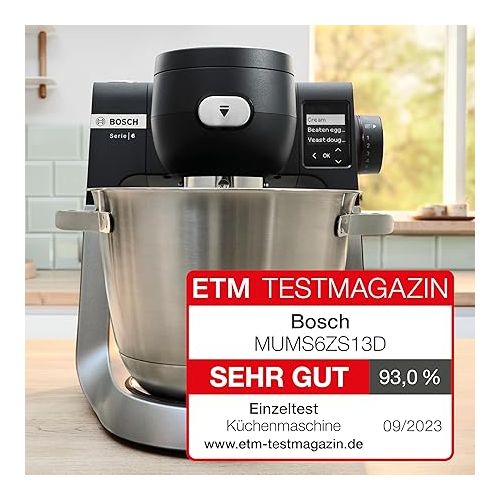  Bosch MUMS6ZS13D Series 6 Food Processor Automatic Programmes, Integrated 1 g Scale, 5.5 L Bowl, Continuous Shredder, Slices, Dough Hook/Whisk/Silicone Brush, Dishwasher-safe, 1,600 W, Silver/Black