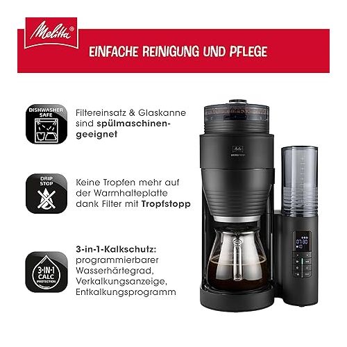  Melitta AromaFresh X - Filter Coffee Machine - Integrated Grinder - with Glass Jug - Adjustable Grinder - Drip Stop - 10 Cups - Black/Silver (1030-06)