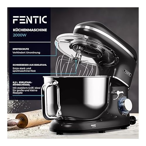  Fentic Food Processor - 2000 W - Stainless Steel Mixing Bowl (6.2 L) - Kneading Machine with Mixing Hook, Dough Hook, Beater and Splash Guard - Includes Protective Cover and Additional Accessories -