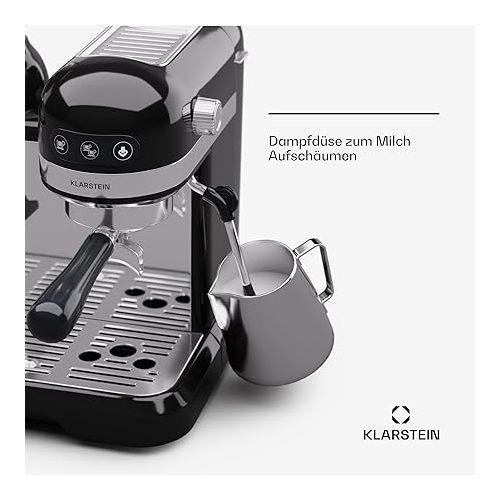  Klarstein Espresso Portafilter Machine with Milk Frother, 1.4 L Retro Mini Espresso Machine with Filter Holder, 1550 W Small Coffee Machine, 0.5 L Milk Tank, Thermal Block, Coffee Machine for