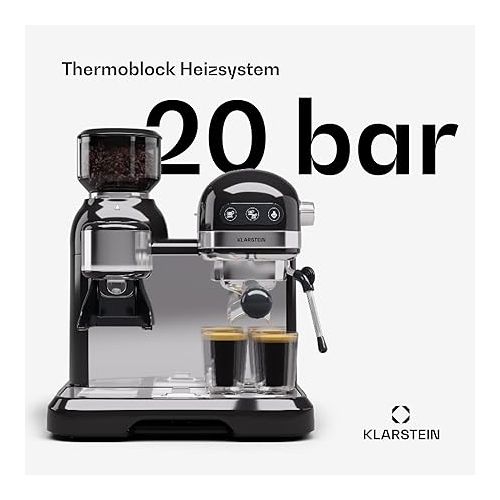  Klarstein Espresso Portafilter Machine with Milk Frother, 1.4 L Retro Mini Espresso Machine with Filter Holder, 1550 W Small Coffee Machine, 0.5 L Milk Tank, Thermal Block, Coffee Machine for