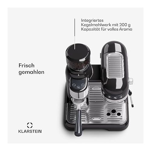  Klarstein Espresso Portafilter Machine with Milk Frother, 1.4 L Retro Mini Espresso Machine with Filter Holder, 1550 W Small Coffee Machine, 0.5 L Milk Tank, Thermal Block, Coffee Machine for