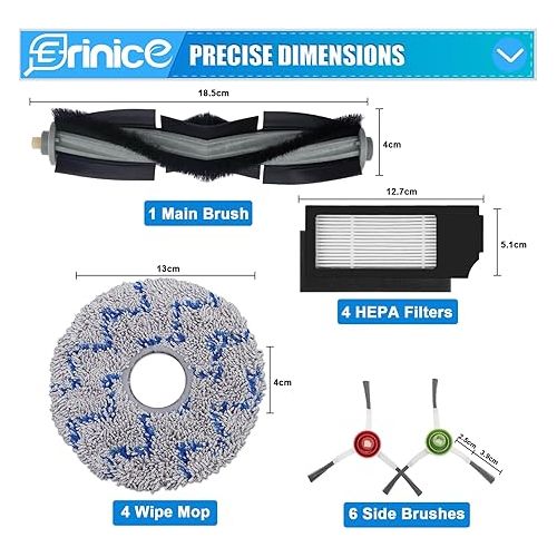  Erinice Replacement Brushes Accessory Kit for Ecovacs Deebot X1 Omni / X1 e Omni / X1 Turbo / X1 Plus Robot Vacuum Cleaner Replacement Filter, 1 Main Brush, 3 Side Brushes, 4 HEPA Filters, 4 Wipes