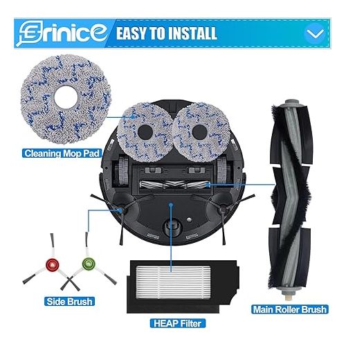  Erinice Replacement Brushes Accessory Kit for Ecovacs Deebot X1 Omni / X1 e Omni / X1 Turbo / X1 Plus Robot Vacuum Cleaner Replacement Filter, 1 Main Brush, 3 Side Brushes, 4 HEPA Filters, 4 Wipes