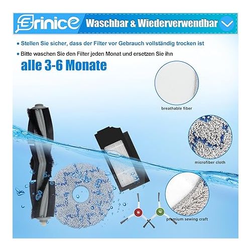  Erinice Replacement Brushes Accessory Kit for Ecovacs Deebot X1 Omni / X1 e Omni / X1 Turbo / X1 Plus Robot Vacuum Cleaner Replacement Filter, 1 Main Brush, 3 Side Brushes, 4 HEPA Filters, 4 Wipes