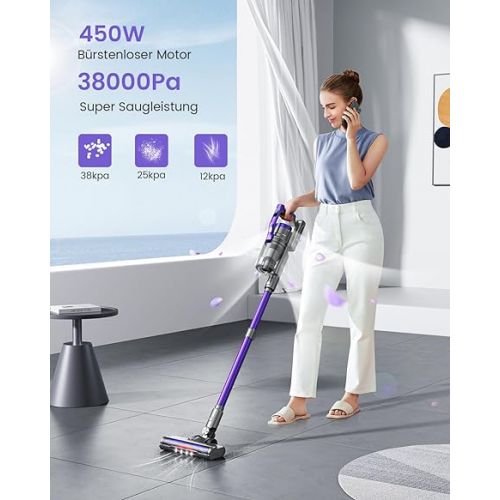  HONITURE Cordless Vacuum Cleaner, 38 KPA/450 W Strong Wireless Vacuum Cleaner Up to 55 Minutes, Battery Vacuum Cleaner Running Time for Hard Floors and Carpets