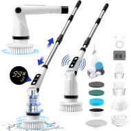 GRUTTI Electric Cleaning Brush, Voice Prompt Spin Scrubber with 8 Interchangeable Brush Heads and Adjustable Handle 36-133 cm, 3 Speeds for Bathroom, Kitchen, Car, Floor