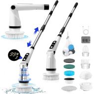 Electric Cleaning Brush, GRUTTI Spin Scrubber with 8 Interchangeable Brush Heads, 3 Speeds, Adjustable Handle, IPX7 Waterproof, LED Screen, for Bathroom, Tiles, Floor, Kitchen