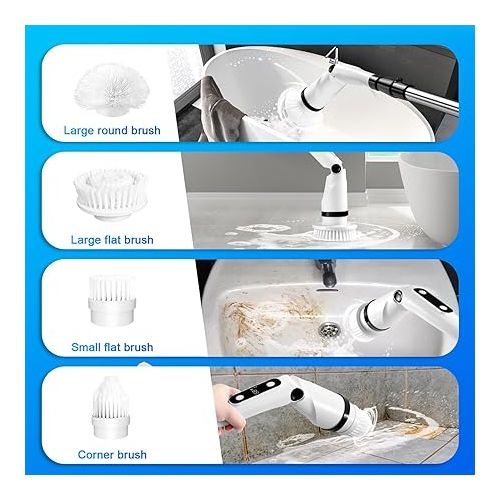  Electric Cleaning Brush, GRUTTI Spin Scrubber with 8 Interchangeable Brush Heads, 3 Speeds, Adjustable Handle, IPX7 Waterproof, LED Screen, for Bathroom, Tiles, Floor, Kitchen