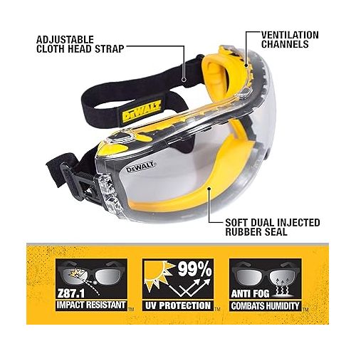  DEWALT DPG82-11 Concealer Clear Anti-Fog Dual Mold Safety Goggle, Clear Lens, 1 Pair