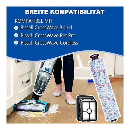  PIBONUS Accessory for Bissell Crosswave 3-in-1 with 2 Multisurface Brush Rollers + 2 Replacement Filters for Bissell CrossWave 1866 17132 2225N 2582N Wet/Dry Vacuum Cleaner