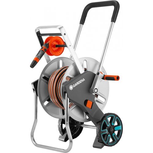  Gardena metal hose trolley 100: Sturdy, coated hose reel, angled hose connection, drip stop, hand crank.