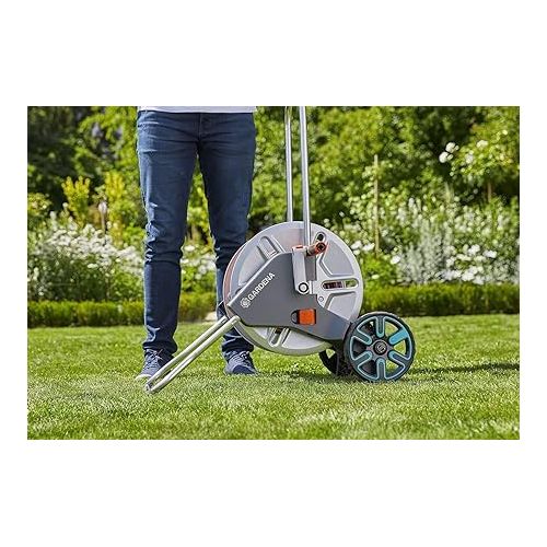  Gardena metal hose trolley 100: Sturdy, coated hose reel, angled hose connection, drip stop, hand crank.