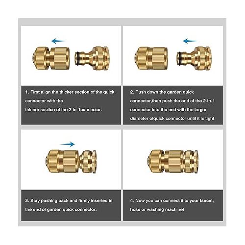  Brass Hose Connector, 1/2 Inch and 3/4 Inch 2-in-1 Garden Hose Connector, Garden Hose Tap Connector for Kitchen Tap and Garden Hoses (2 Pack)