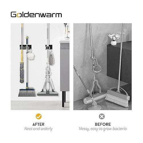  goldenwarm 2 + 1 Stainless Steel Broom Holder Self-Adhesive Broom Holder Wall No Drilling Mop Holder for Bathroom