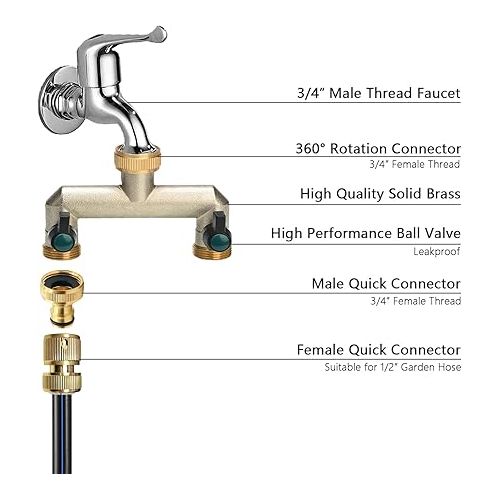  Photener 2 Way Water Distributor, Brass 2 Way Splitter with 2 Leak-Free Ball Valves, 3/4 Inch Female Thread to 2 Way 3/4 Inch Male Thread for Regulating and Shutting Water Flow