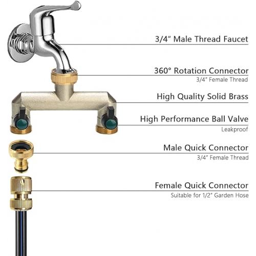  Photener Water Distributor 2-Way Brass Tap Distributor European Standard 3/4 Inch Internal to 2-Way Male Thread with 2 Independent Ball Valves
