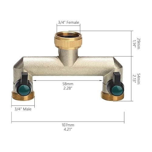  Photener 2 Way Water Distributor, Brass 2 Way Splitter with 2 Leak-Free Ball Valves, 3/4 Inch Female Thread to 2 Way 3/4 Inch Male Thread for Regulating and Shutting Water Flow