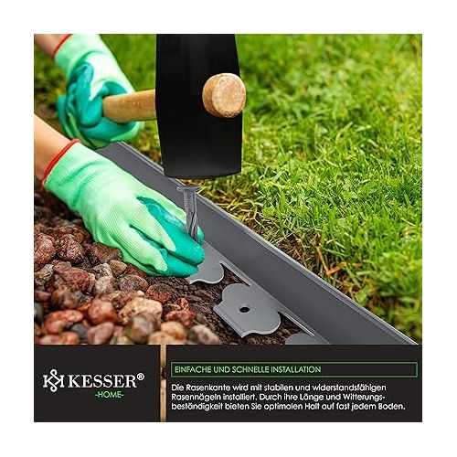  KESSER® Flexible Plastic Lawn Edging Length 10 m Height 5 cm with 50 Ground Anchors + 1 Pair of Gloves, Flower Bed Edging Flower Bed Border Mowing Edge Paving Stones Palisade