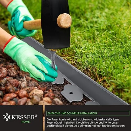  KESSER® Flexible Plastic Lawn Edging Length 10 m Height 5 cm with 50 Ground Anchors + 1 Pair of Gloves, Flower Bed Edging Flower Bed Border Mowing Edge Paving Stones Palisade