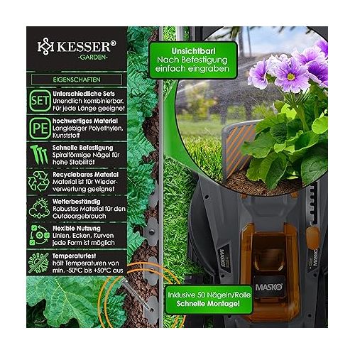  KESSER® Flexible Plastic Lawn Edging Length 10 m Height 5 cm with 50 Ground Anchors + 1 Pair of Gloves, Flower Bed Edging Flower Bed Border Mowing Edge Paving Stones Palisade