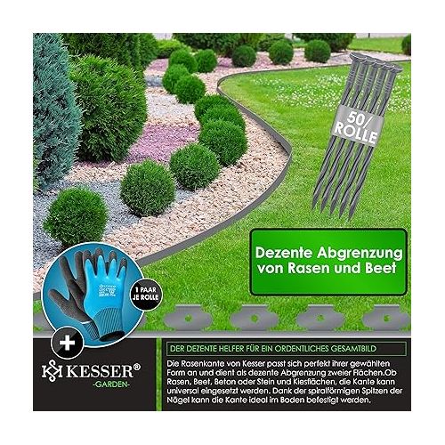  KESSER® Flexible Plastic Lawn Edging Length 10 m Height 5 cm with 50 Ground Anchors + 1 Pair of Gloves, Flower Bed Edging Flower Bed Border Mowing Edge Paving Stones Palisade