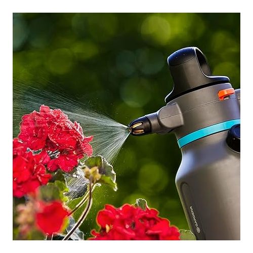  Gardena pressure sprayer 1.25 L: pressure sprayer with angled 90° nozzle, second opening with additional dosing cap, ergonomic handle (11120-20), turquoise, black, grey, orange