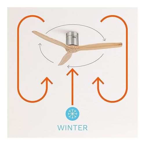  Create / Windcalm / Ceiling Fan with Lighting and Remote Control, Natural Wood Wings, 40 W, Quiet, Diameter 132 cm, 6 Speeds, Timer, DC Motor, Summer and Winter Operations