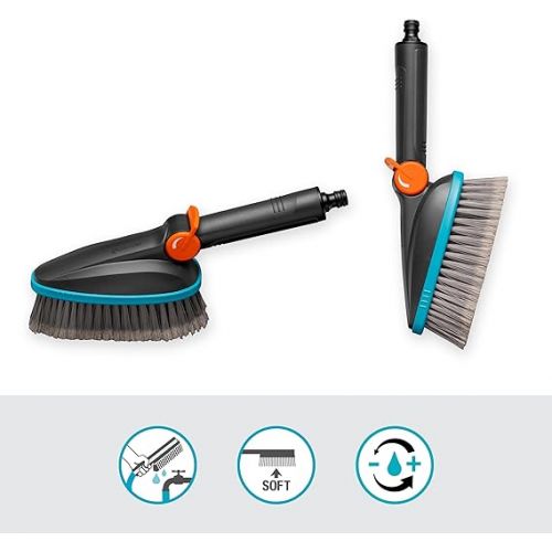  Gardena Cleansystem Hand Brush M Soft: Cleaning Brush with Hose Connection, for Smaller and Sensitive Surfaces, Practical 1-Hand Operation, with Flow Control (18842-20)