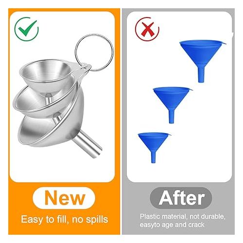  Stainless Steel Funnel, Pack of 3 Mini Funnel Kitchen with Handle and Cleaning Brush, Stackable Small Funnel, Stainless Steel Jam Funnel for Transferring Jam, Cooking Oils, Liquids, Powder