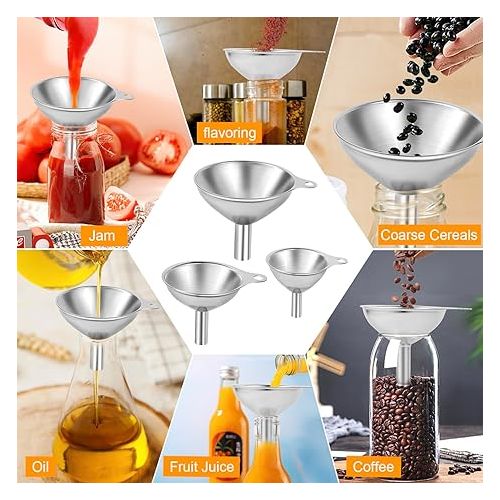  Stainless Steel Funnel, Pack of 3 Mini Funnel Kitchen with Handle and Cleaning Brush, Stackable Small Funnel, Stainless Steel Jam Funnel for Transferring Jam, Cooking Oils, Liquids, Powder
