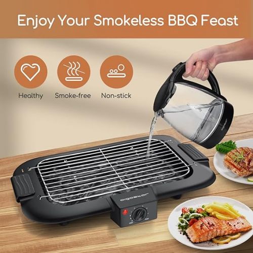  Aigostar Electric Table Grill, Party Grill, Adjustable Thermostat, Fat Tray, Slow and Quick Cooking, Power 2000 W, Black