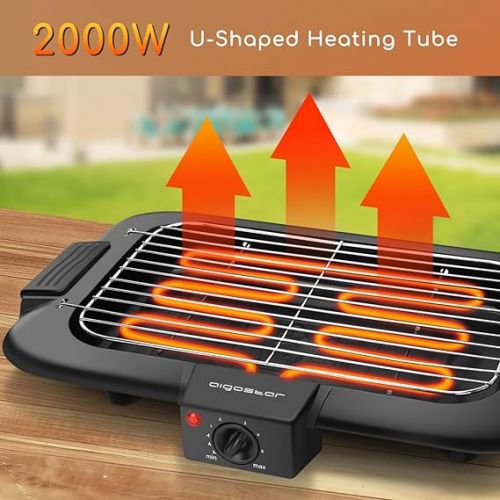  Aigostar Electric Table Grill, Party Grill, Adjustable Thermostat, Fat Tray, Slow and Quick Cooking, Power 2000 W, Black