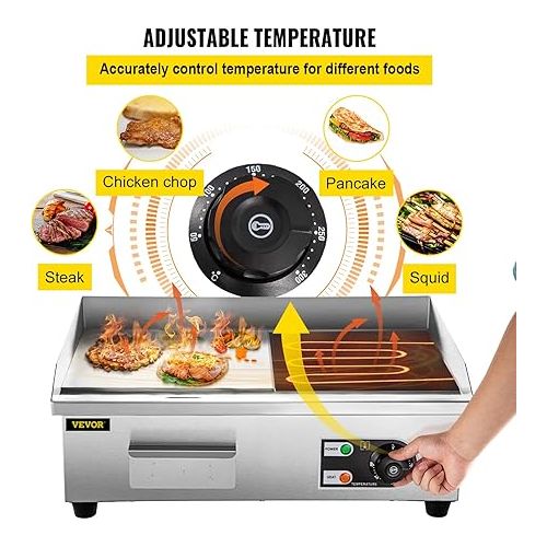  VEVOR Grill Plate 2500 W Electric Grill Plate Stainless Steel Cast Iron Gastro Griddle Plate Precise Temperature Control 455 x 400 x 210 mm Hob Electric with Oil Brush Silver