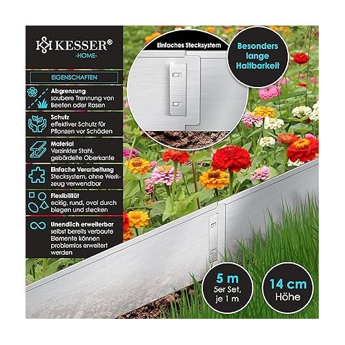  KESSER® Lawn / Flower Bed Edging, Gloves, 5 / 10 / 15 / 20 / 25 / 30 / 35 / 40 / 45 / 50 m, 100 x 14 cm or 100 x 18 cm Border Lawn Sheets, Mowing Edge, Metal Palisade, Length 5 m, Height 14 cm