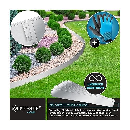  KESSER® Lawn / Flower Bed Edging, Gloves, 5 / 10 / 15 / 20 / 25 / 30 / 35 / 40 / 45 / 50 m, 100 x 14 cm or 100 x 18 cm Border Lawn Sheets, Mowing Edge, Metal Palisade, Length 5 m, Height 14 cm