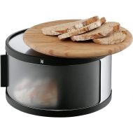 WMF Gourmet Bread Bin, Round 32 x 13 cm with Chopping Board, Bread Drum, Bamboo, Cromargan Stainless Steel, Plastic, Black