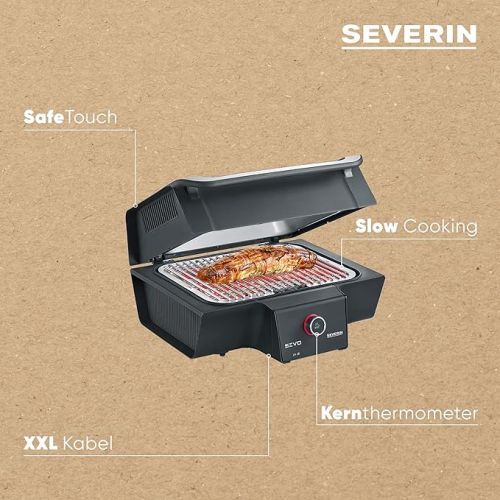  SEVERIN SEVO GT Electric Grill with Lid for Indoor and Outdoor Use, Table Grill with Quick Grill Start up to 500 °C, Balcony Grill with Slow Cooking Option, Stainless Steel/Black, PG 8106