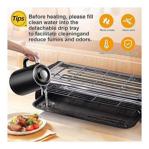  Electric Table Grill, Barbecue Electric Grill, Smokeless Electric Grill with Crumb Tray, Double Layer Large Area Grill for Balcony, Garden, Indoors - Black