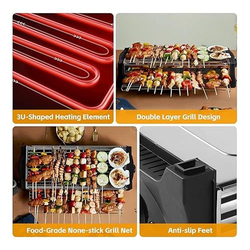  Electric Table Grill, Barbecue Electric Grill, Smokeless Electric Grill with Crumb Tray, Double Layer Large Area Grill for Balcony, Garden, Indoors - Black