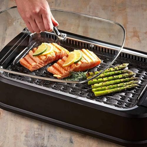  PowerXL Smokeless Grill - Electric Grill - Smokeless & Odourless Grill Enjoyment - with Grill Plate, Grill Grate & Aroma Function - Non-Stick Coating - with Thermal Glass Lid - Indoor Grill - 1500