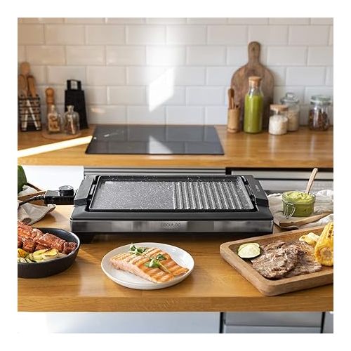  Cecotec Tasty&Grill 2000 InoxStone Electric Grill Plate 2000 W, Design Structure and Stainless Steel Finish, Adjustable Temperature Controller and Non-Stick Coating Plate with Frying Surface (Inox